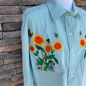 Vintage Casey Coleman Embroidered Button-Up Shirt Stripes Floral Butterfly